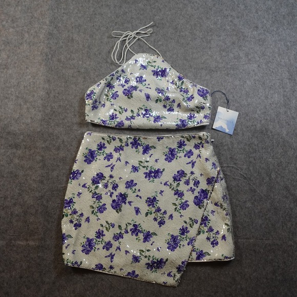 Majorelle Skirt Top Set Medium NWT Tamara Sequin Purple Butterfly Floral Cropped - Picture 3 of 16
